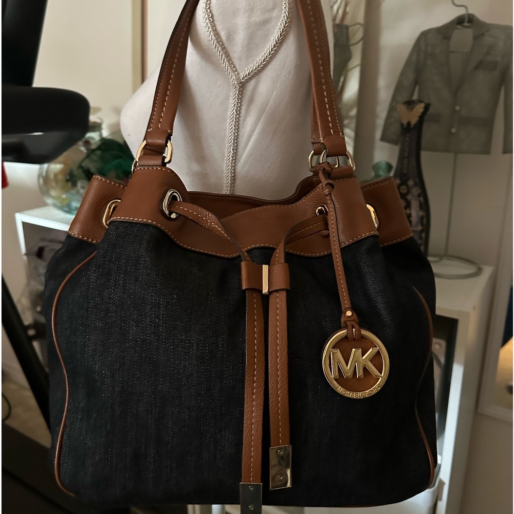 Authentic MICHAEL Michael Kors Marina Brown Leather/Denim Large Drawstring Tote.